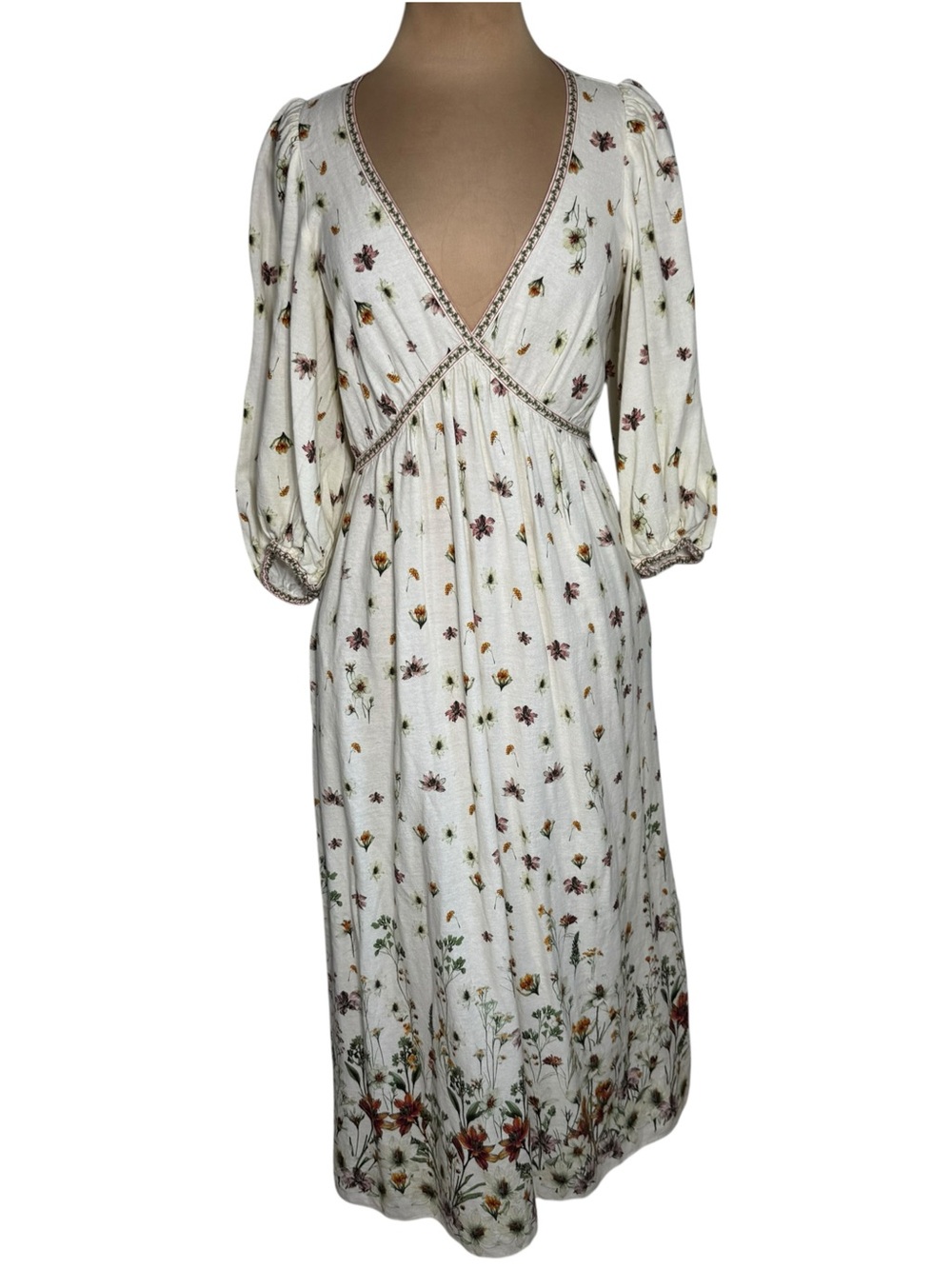 Max Studio London Floral Prairie Maxi Dress Large Linen Rayon Cottagecore NWOT - Picture 2 of 8